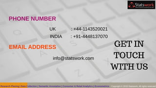Research Planing | Data Collection | Semantic Annotation | Consumer & Retail Analytics | Econometrics Copyright © 2019 Statswork. All rights reserved
PHONE NUMBER
UK : +44-1143520021
INDIA : +91-4448137070
EMAIL ADDRESS
info@statswork.com
GET IN
TOUCH
WITH US
 