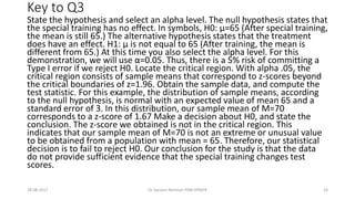 Key to Q3
State the hypothesis and select an alpha level. The null hypothesis states that
the special training has no effect. In symbols, H0: µ=65 (After special training,
the mean is still 65.) The alternative hypothesis states that the treatment
does have an effect. H1: µ is not equal to 65 (After training, the mean is
different from 65.) At this time you also select the alpha level. For this
demonstration, we will use α=0.05. Thus, there is a 5% risk of committing a
Type I error if we reject H0. Locate the critical region. With alpha .05, the
critical region consists of sample means that correspond to z-scores beyond
the critical boundaries of z=1.96. Obtain the sample data, and compute the
test statistic. For this example, the distribution of sample means, according
to the null hypothesis, is normal with an expected value of mean 65 and a
standard error of 3. In this distribution, our sample mean of M=70
corresponds to a z-score of 1.67 Make a decision about H0, and state the
conclusion. The z-score we obtained is not in the critical region. This
indicates that our sample mean of M=70 is not an extreme or unusual value
to be obtained from a population with mean = 65. Therefore, our statistical
decision is to fail to reject H0. Our conclusion for the study is that the data
do not provide sufficient evidence that the special training changes test
scores.
28-08-2017 26Dr Tanveer Rehman PSM JIPMER
 