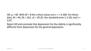 H0: μ = 40. With df = 8 the critical values are t = +-2.306. For these
data, M = 44, SS = 162, s2 = 20.25, the standard error is 1.50, and t =
2.67.
Reject H0 and conclude that depression for the elderly is significantly
different from depression for the general population.
28-08-2017 30Dr Tanveer Rehman PSM JIPMER
 