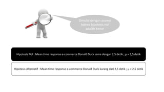 Hipotesis Nol : Mean time response e-commerce Donald Duck sama dengan 2,5 detik ; μ = 2,5 detik
Hipotesis Alternatif : Mean time response e-commerce Donald Duck kurang dari 2,5 detik ; μ < 2,5 detik
Dimulai dengan asumsi
bahwa hipotesis nol
adalah benar
 