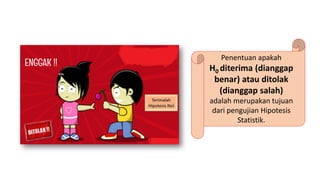 Penentuan apakah
H0 diterima (dianggap
benar) atau ditolak
(dianggap salah)
adalah merupakan tujuan
dari pengujian Hipotesis
Statistik.
 