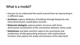 What is a model?
• Humans try to understand the world around them by representing it
in different ways.
• Architects capture attributes of buildings through blueprints and
three-dimensional, scaled-down versions.
• Molecular biologists capture protein structure with three-
dimensional visualizations of the connections between amino acids.
• Statisticians and data scientists capture the uncertainty and
randomness of data-generating processes with mathematical
functions that express the shape and structure of the data itself.
 