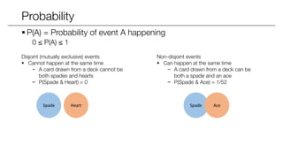 Probability
 P(A) = Probability of event A happening
0 ≤ P(A) ≤ 1
Disjoint (mutually exclusive) events
 Cannot happen at the same time
− A card drawn from a deck cannot be
both spades and hearts
− P(Spade & Heart) = 0
Non-disjoint events
 Can happen at the same time
− A card drawn from a deck can be
both a spade and an ace
− P(Spade & Ace) = 1/52
Spade SpadeHeart Ace
 