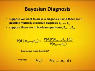 Bayesian Diagnosis
• suppose we want to make a diagnosis D and there are n
  possible mutually exclusive diagnosis d1, …, dn
• suppose there are m boolean symptoms, E1, …, Em


                                    P(di )P(e1 ,..., e m | di )
        P(di | e1 ,..., em )
                                         P(e1 ,..., e m )

            how do we make diagnosis?


        we need:
                         P ( di )        P(e1 ,..., em | di )
 