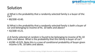 Proprietary content. ©Great Learning. All Rights Reserved. Unauthorized use or distribution prohibited
Solution
a) What is the probability that a randomly selected family is a buyer of the
Car?
• 80/200 =0.40.
b) What is the probability that a randomly selected family is both a buyer of
car and belonging to income of Rs. 10 lakhs and above?
• 42/200 =0.21.
c) A family selected at random is found to be belonging to income of Rs 10
lakhs and above. What is the probability that this family is buyer of car?
• 42/80 =0.525. Note this is a case of conditional probability of buyer given
income is Rs. 10 lakhs and above.
 
