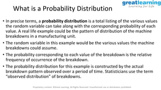 Proprietary content. ©Great Learning. All Rights Reserved. Unauthorized use or distribution prohibited
What is a Probability Distribution
• In precise terms, a probability distribution is a total listing of the various values
the random variable can take along with the corresponding probability of each
value. A real life example could be the pattern of distribution of the machine
breakdowns in a manufacturing unit.
• The random variable in this example would be the various values the machine
breakdowns could assume.
• The probability corresponding to each value of the breakdown is the relative
frequency of occurrence of the breakdown.
• The probability distribution for this example is constructed by the actual
breakdown pattern observed over a period of time. Statisticians use the term
“observed distribution” of breakdowns.
 