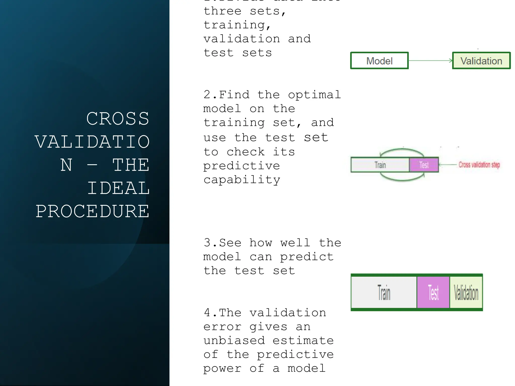 CROSS
VALIDATIO
N – THE
IDEAL
PROCEDURE
1.Divide data into
three sets,
training,
validation and
test sets
2.Find the optimal
model on the
training set, and
use the test set
to check its
predictive
capability
3.See how well the
model can predict
the test set
4.The validation
error gives an
unbiased estimate
of the predictive
power of a model
 