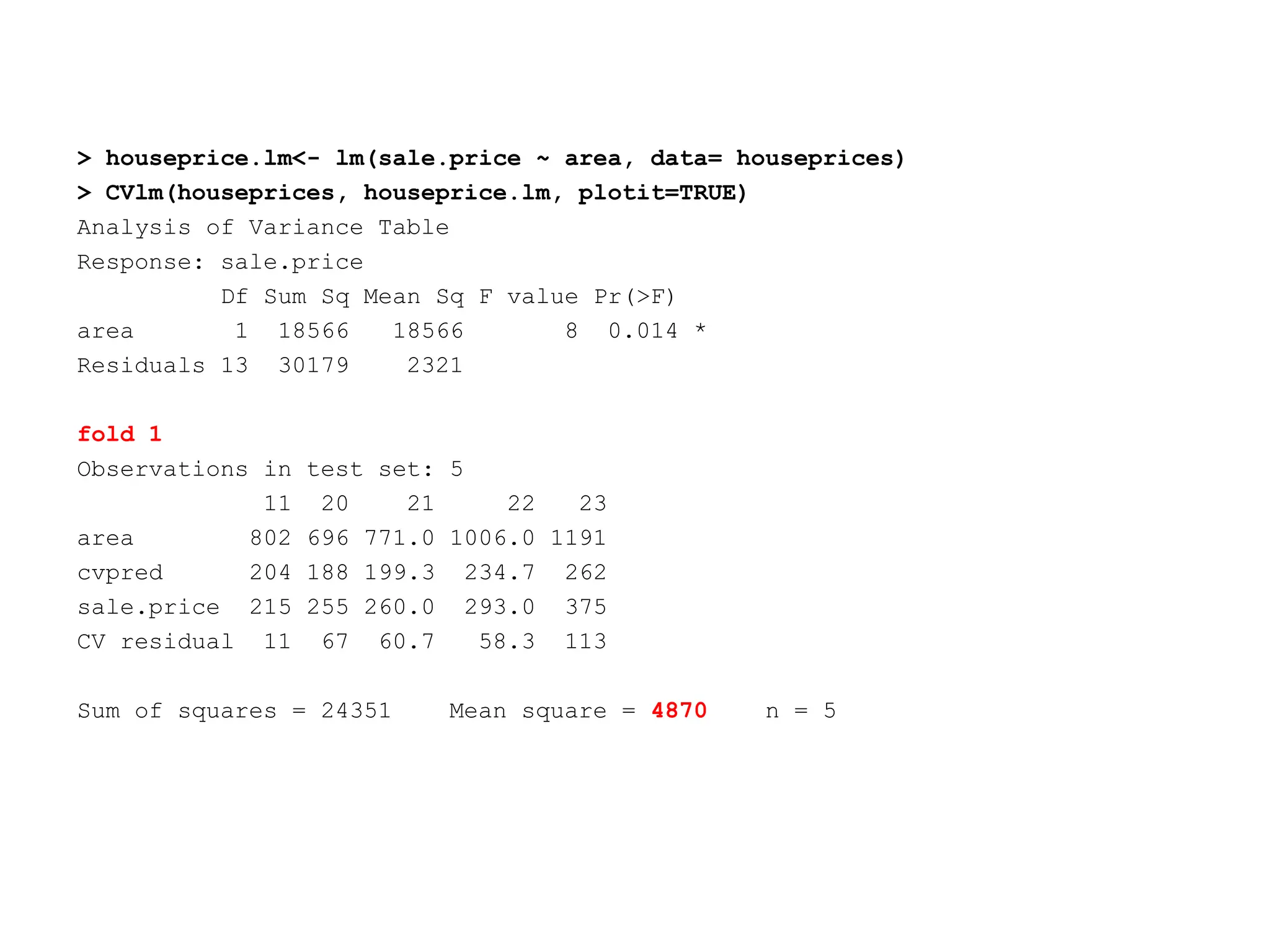 > houseprice.lm<- lm(sale.price ~ area, data= houseprices)
> CVlm(houseprices, houseprice.lm, plotit=TRUE)
Analysis of Variance Table
Response: sale.price
Df Sum Sq Mean Sq F value Pr(>F)
area 1 18566 18566 8 0.014 *
Residuals 13 30179 2321
fold 1
Observations in test set: 5
11 20 21 22 23
area 802 696 771.0 1006.0 1191
cvpred 204 188 199.3 234.7 262
sale.price 215 255 260.0 293.0 375
CV residual 11 67 60.7 58.3 113
Sum of squares = 24351 Mean square = 4870 n = 5
 