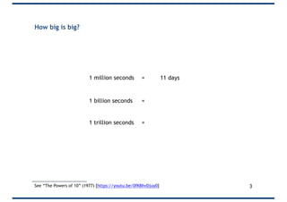 How big is big?
1 million seconds =
1 billion seconds =
1 trillion seconds =
11 days
32 years
317 centuries
3See “The Powers of 10” (1977) [https://youtu.be/0fKBhvDjuy0]
 