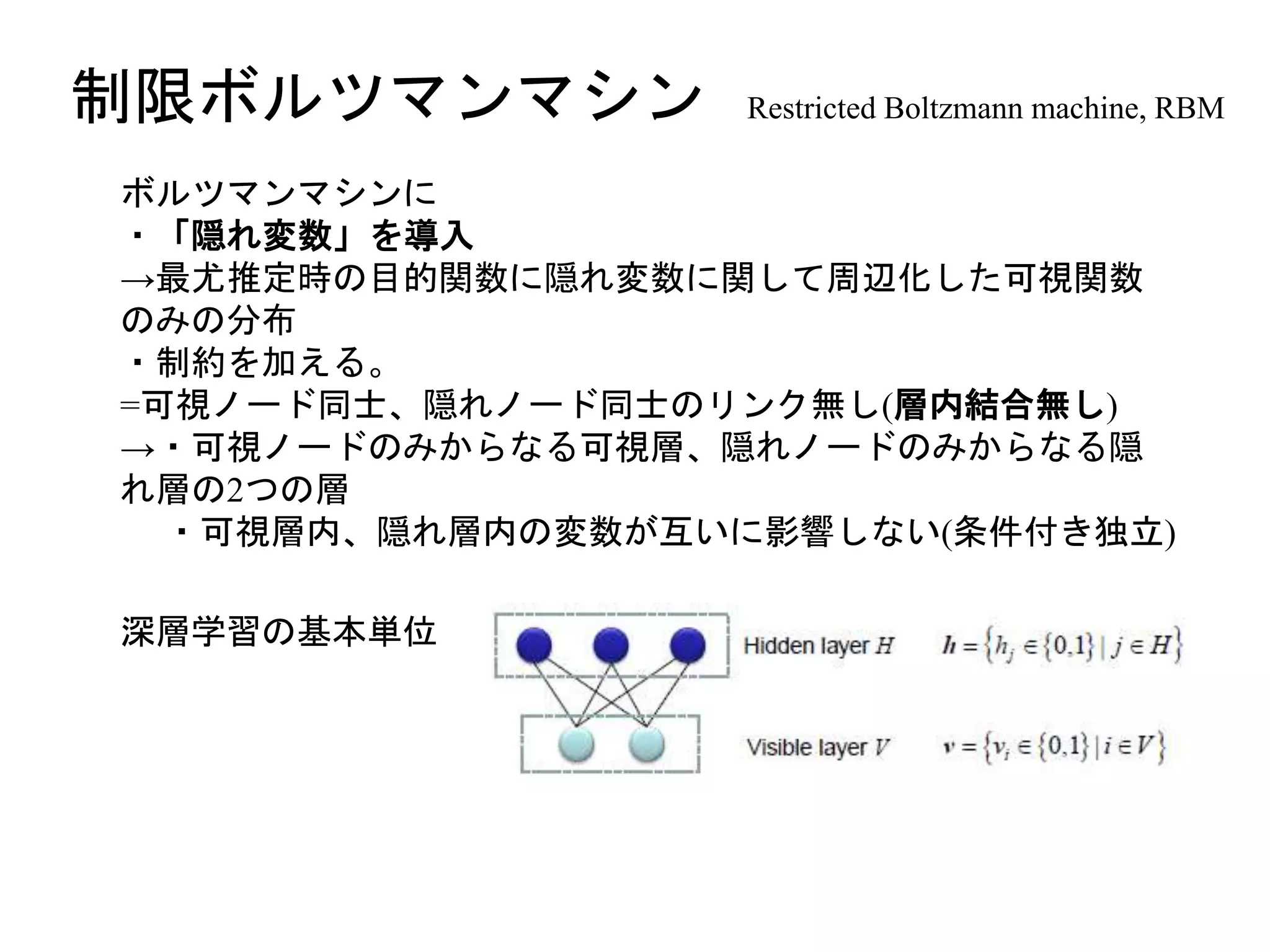 制限ボルツマンマシン Restricted Boltzmann machine, RBM
ボルツマンマシンに
・「隠れ変数」を導入
→最尤推定時の目的関数に隠れ変数に関して周辺化した可視関数
のみの分布
・制約を加える。
=可視ノード同士、隠れノード同士のリンク無し(層内結合無し)
→・可視ノードのみからなる可視層、隠れノードのみからなる隠
れ層の2つの層
・可視層内、隠れ層内の変数が互いに影響しない(条件付き独立)
深層学習の基本単位
 