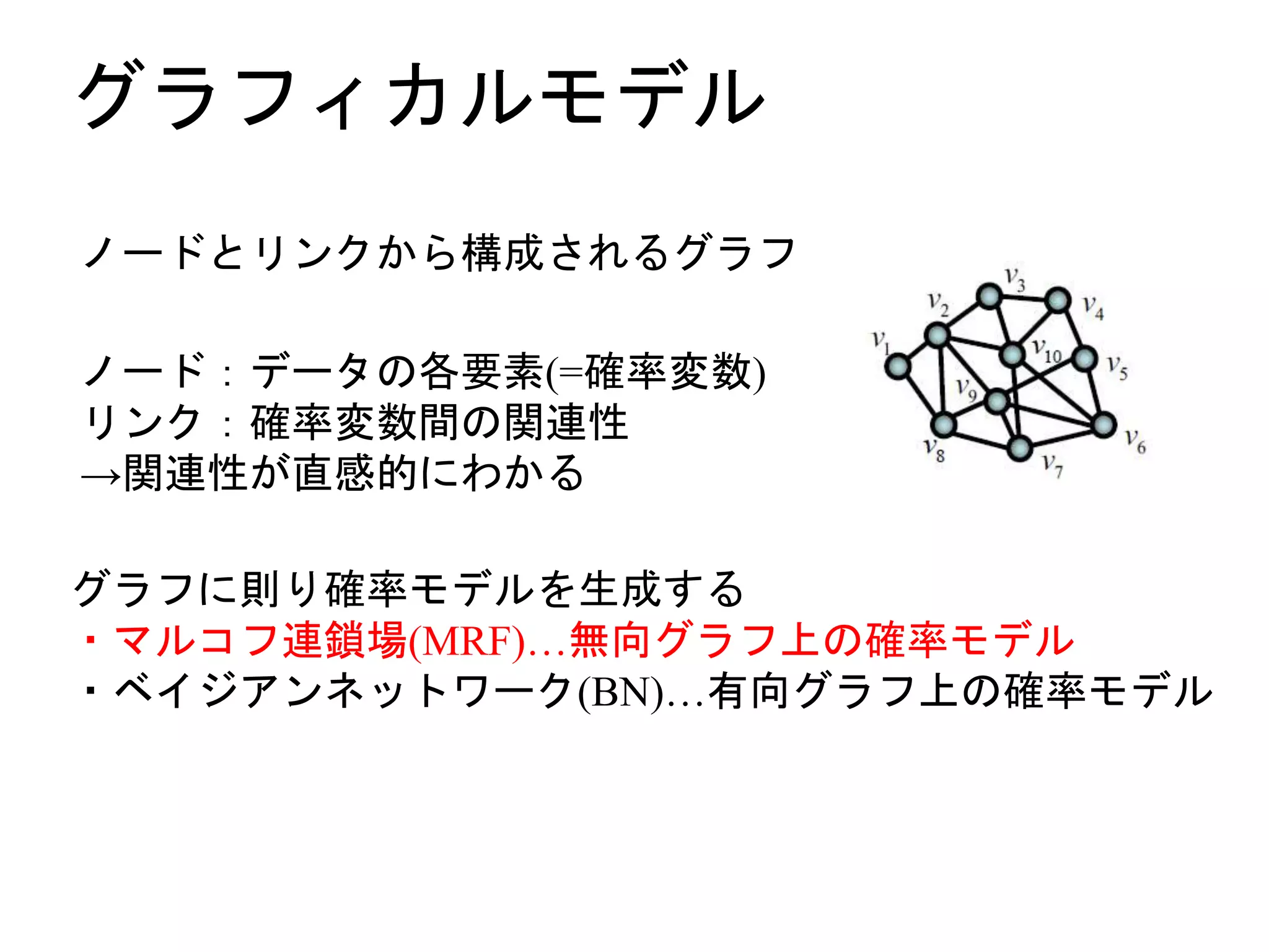 グラフィカルモデル
ノードとリンクから構成されるグラフ
ノード：データの各要素(=確率変数)
リンク：確率変数間の関連性
→関連性が直感的にわかる
グラフに則り確率モデルを生成する
・マルコフ連鎖場(MRF)…無向グラフ上の確率モデル
・ベイジアンネットワーク(BN)…有向グラフ上の確率モデル
 