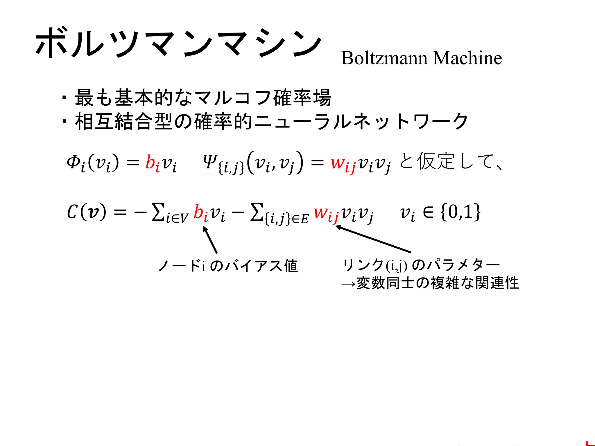 ボルツマンマシン Boltzmann Machine
・最も基本的なマルコフ確率場
・相互結合型の確率的ニューラルネットワーク
𝛷𝑖 𝑣𝑖 = 𝑏𝑖 𝑣𝑖 𝛹 𝑖,𝑗 𝑣𝑖, 𝑣𝑗 = 𝑤𝑖𝑗 𝑣𝑖 𝑣𝑗 と仮定して、
𝐶 𝒗 = − 𝑖∈𝑉 𝑏𝑖 𝑣𝑖 − 𝑖,𝑗 ∈𝐸 𝑤𝑖𝑗 𝑣𝑖 𝑣𝑗 𝑣𝑖 ∈ 0,1
ノードi のバイアス値 リンク(i,j) のパラメター
→変数同士の複雑な関連性
 