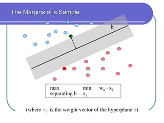(where wn is the weight vector of the hyperplane h)
max min wn  xi
separating h xi
The Margins of a Sample
h
 