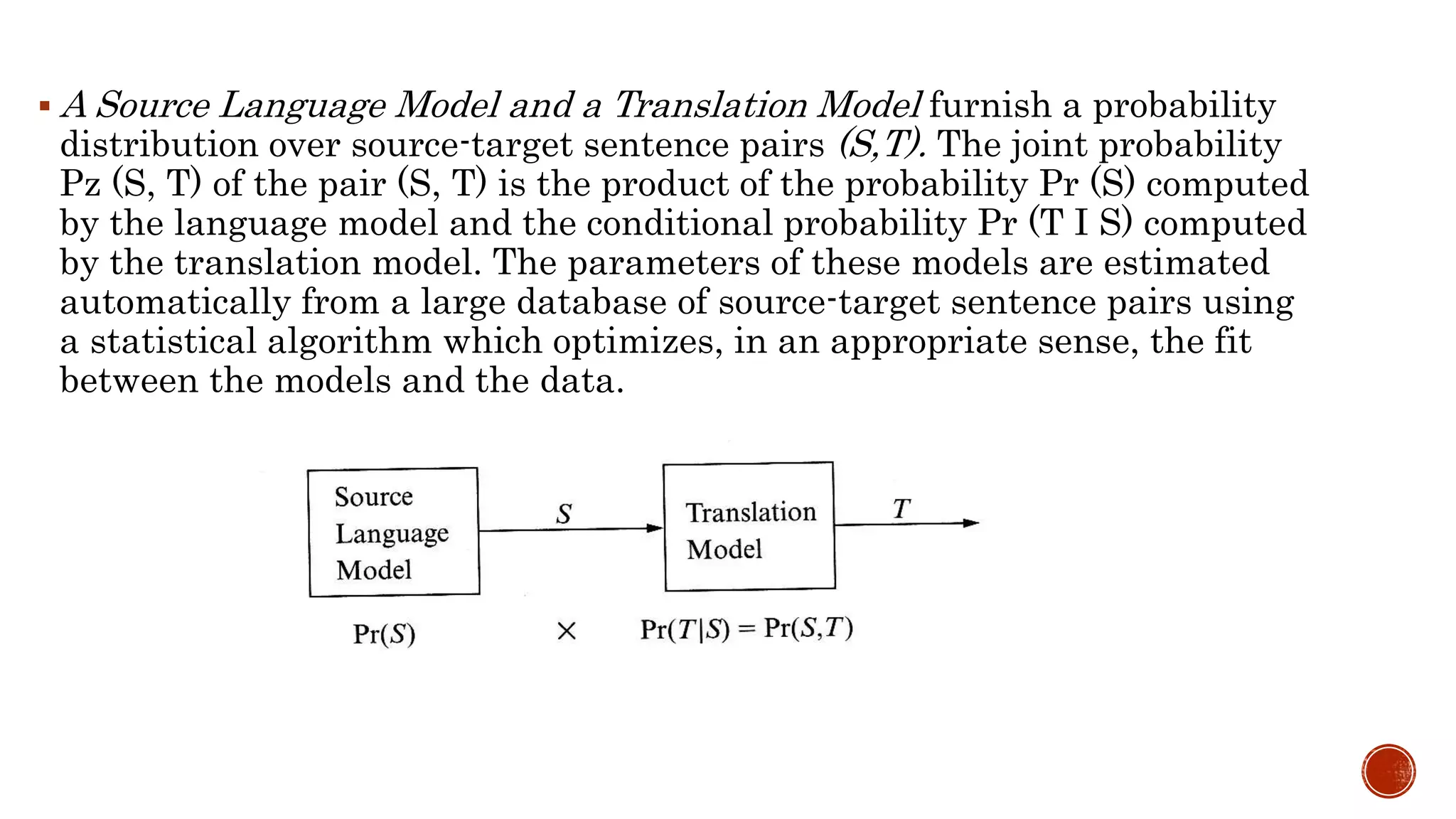 A Source Language Model and a Translation Model furnish a probability 
distribution over source-target sentence pairs (S,T). The joint probability 
Pz (S, T) of the pair (S, T) is the product of the probability Pr (S) computed 
by the language model and the conditional probability Pr (T I S) computed 
by the translation model. The parameters of these models are estimated 
automatically from a large database of source-target sentence pairs using 
a statistical algorithm which optimizes, in an appropriate sense, the fit 
between the models and the data. 
 