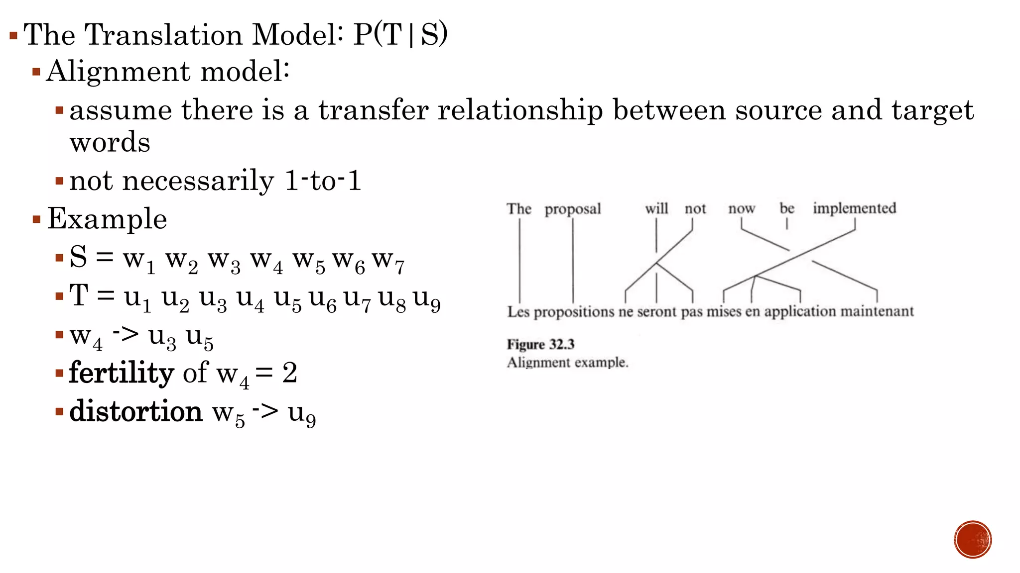 The Translation Model: P(T|S) 
 Alignment model: 
assume there is a transfer relationship between source and target 
words 
 not necessarily 1-to-1 
Example 
S = w1 w2 w3 w4 w5 w6 w7 
 T = u1 u2 u3 u4 u5 u6 u7 u8 u9 
w4 -> u3 u5 
 fertility of w4 = 2 
distortion w5 -> u9 
 