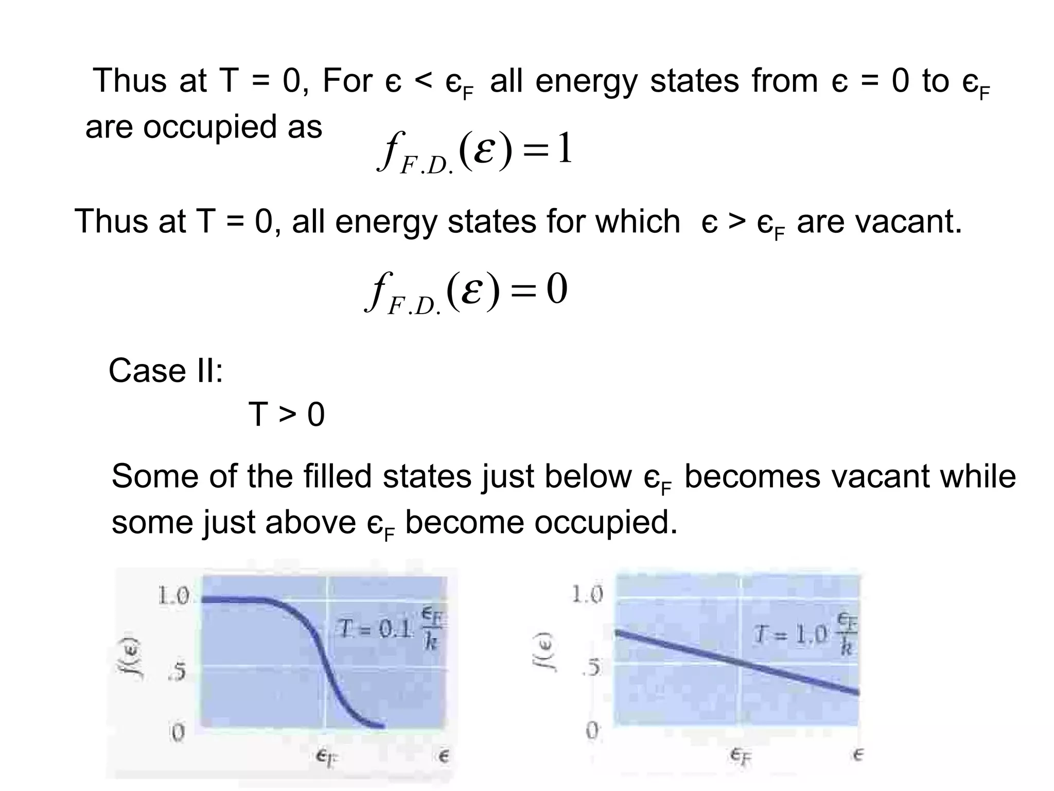 Thus at T = 0, For є < єF all energy states from є = 0 to єF
are occupied as
                     f F .D. (ε ) = 1
Thus at T = 0, all energy states for which є > єF are vacant.

                    f F . D. (ε ) = 0
  Case II:
             T>0
  Some of the filled states just below єF becomes vacant while
  some just above єF become occupied.
 