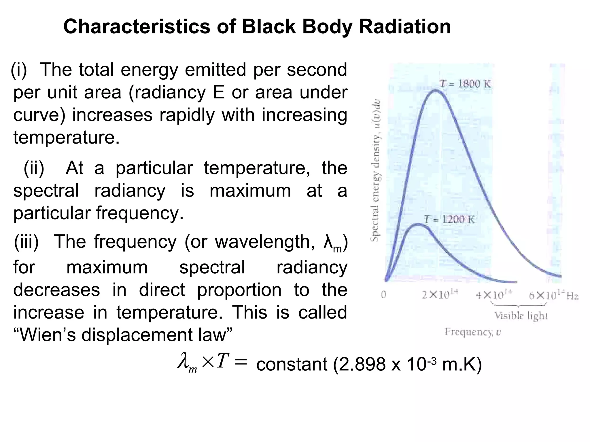 Characteristics of Black Body Radiation

(i) The total energy emitted per second
per unit area (radiancy E or area under
curve) increases rapidly with increasing
temperature.
 (ii) At a particular temperature, the
spectral radiancy is maximum at a
particular frequency.
(iii) The frequency (or wavelength, λm)
for    maximum     spectral   radiancy
decreases in direct proportion to the
increase in temperature. This is called
“Wien’s displacement law”
                   λm ×T = constant (2.898 x 10-3 m.K)
 