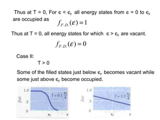 Thus at T = 0, For є < єF all energy states from є = 0 to єF
are occupied as
                     f F .D. (ε ) = 1
Thus at T = 0, all energy states for which є > єF are vacant.

                    f F . D. (ε ) = 0
  Case II:
             T>0
  Some of the filled states just below єF becomes vacant while
  some just above єF become occupied.
 