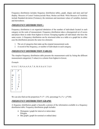 Frequency distribution includes frequency distribution tables, graph, shapes and stem and leaf
display. Measures of Central Tendencyinclude Mean, Median and Mode. While Measures of Variability
include Standard deviation (Variance), the minimum and maximum values of variables, kurtosis
and skewedness.
FREQUENCY DISTRIBUTION :
Frequency distribution is an organized tabulation of the number of individuals located in each
category on the scale of measurement. Frequency distribution takes a disorganized set of scores
and places them in order from highest to lowest. Grouping together all individuals who have the
same scores. A frequency distribution can be structured either as a table or a graph but in either
case the distribution presents the same two elements:
1. The set of categories that make up the original measurement scale.
2. A record of the frequency, or number of individuals in each category.
FREQUENCY DISTRIBUTION TABLES:
The simplest frequency distribution table presents the measurement scale by listing the different
measurement categories( X values) in a column from highest to lowest.
Example:
8, 9, 8, 7, 10, 9, 6, 4, 9, 8, 7, 8, 10, 9, 8, 6, 9, 7, 8, 8
X F
10 2
9 5
8 7
7 3
6 2
5 0
4 1
We can also find out the proportion P ( P = f/N), percentage % ( % = p*100).
FREQUENCY DISTRIBUTION GRAPH:
A frequency distribution graph is basically a picture of the information available in a frequency
distribution table. Frequency distribution graph includes:
 Histogram ( graph for interval or ration data)
Polygon
 Bar graph ( graph for nominal or ordinal data)
 