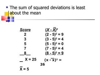   The sum of squared deviations is least
    about the mean


         Score          (X - X)2
           2            (2 - 5)2 = 9
           3            (3 - 5)2 = 4
           5            (5 - 5)2 = 0
           7            (7 - 5)2 = 4
         __8__          (8 - 5)2 = 9
         _   X = 25     (x - x)2 =
                      26
         X=5
 