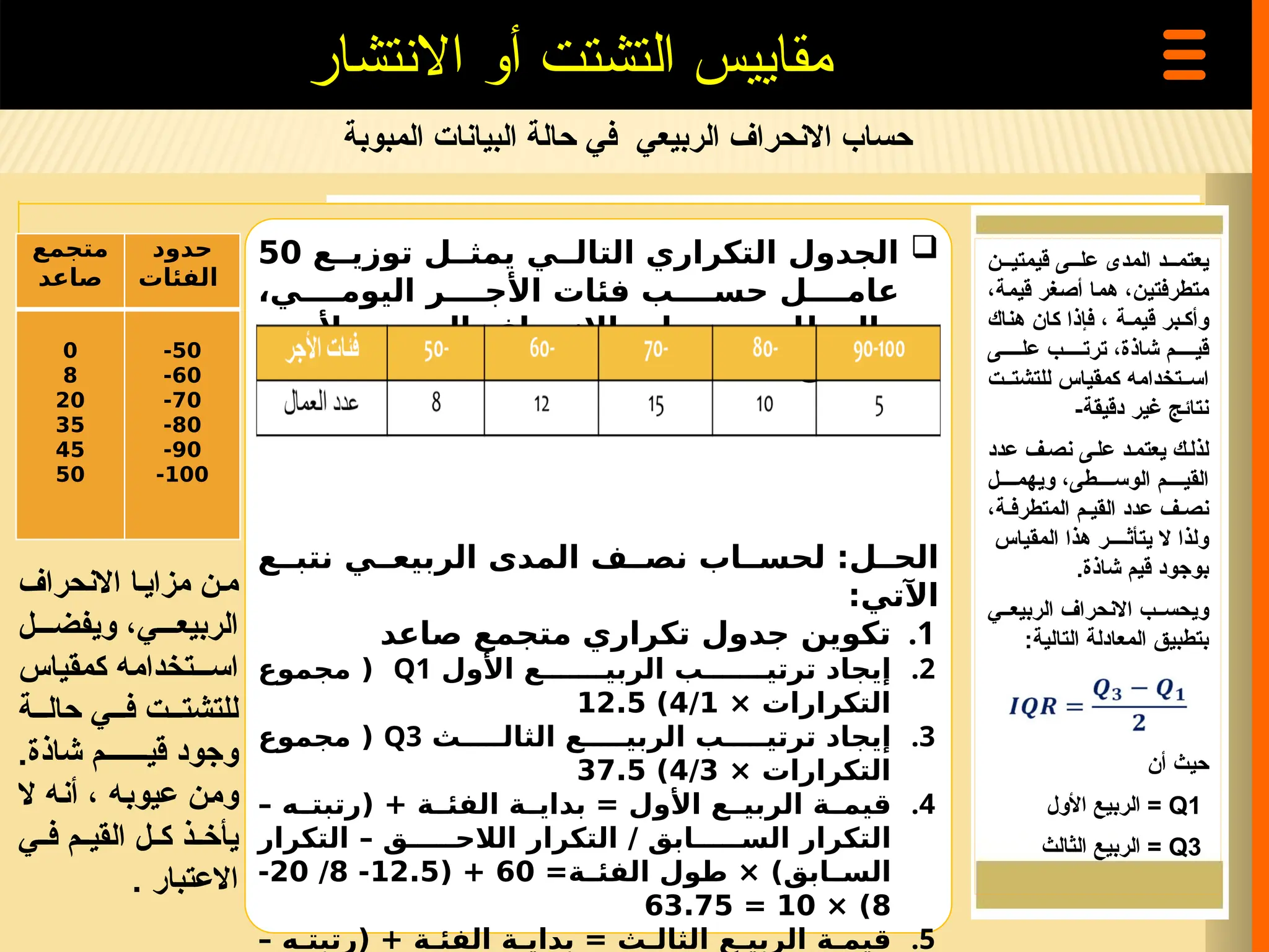 ‫المبوبة‬ ‫البيانات‬ ‫حالة‬ ‫في‬ ‫الربيعي‬ ‫االنحراف‬ ‫حساب‬
‫االنتشار‬ ‫أو‬ ‫التشتت‬ ‫مقاييس‬

‫ع‬ ‫توزي‬ ‫ل‬ ‫يمث‬ ‫ي‬ ‫التال‬ ‫التكراري‬ ‫الجدول‬
50
،‫ي‬ ‫اليوم‬ ‫ر‬ ‫األج‬ ‫فئات‬ ‫ب‬ ‫حس‬ ‫ل‬ ‫عام‬
‫ألجور‬ ‫الربيعي‬ ‫االنحراف‬ ‫حساب‬ ‫والمطلوب‬
‫العمال؟‬
‫ع‬ ‫نتب‬ ‫ي‬ ‫الربيع‬ ‫المدى‬ ‫ف‬ ‫نص‬ ‫اب‬ ‫لحس‬ :‫ل‬ ‫الح‬
:‫اآلتي‬
.1
‫صاعد‬ ‫متجمع‬ ‫تكراري‬ ‫جدول‬ ‫تكوين‬
.2
‫األول‬ ‫ع‬ ‫الربي‬ ‫ب‬ ‫ترتي‬ ‫إيجاد‬
Q1
‫مجموع‬ (
× ‫التكرارات‬
4/1
)
12.5
.3
‫ث‬ ‫الثال‬ ‫ع‬ ‫الربي‬ ‫ب‬ ‫ترتي‬ ‫إيجاد‬
Q3
‫مجموع‬ (
× ‫التكرارات‬
4/3
)
37.5
.4
– ‫ه‬ ‫(رتبت‬ + ‫ة‬ ‫الفئ‬ ‫ة‬ ‫بداي‬ = ‫األول‬ ‫ع‬ ‫الربي‬ ‫ة‬ ‫قيم‬
‫التكرار‬ – ‫ق‬ ‫الالح‬ ‫التكرار‬ / ‫ابق‬ ‫الس‬ ‫التكرار‬
=‫ة‬ ‫الفئ‬ ‫طول‬ × )‫ابق‬ ‫الس‬
60
( +
12.5
-
8
/
20
-
8
× )
10
=
63.75
.5
– ‫ه‬ ‫(رتبت‬ + ‫ة‬ ‫الفئ‬ ‫ة‬ ‫بداي‬ = ‫ث‬ ‫الثال‬ ‫ع‬ ‫الربي‬ ‫ة‬ ‫قيم‬
‫قيمتي===ن‬ ‫عل==ى‬ ‫المدى‬ ‫يعتم===د‬
‫=غر‬‫ص‬‫أ‬ ‫=ا‬‫م‬‫ه‬ ،‫=ن‬‫ي‬‫متطرفت‬
‫=ة‬‫م‬‫قي‬
،
‫وأك=بر‬
‫قيم=ة‬
‫هناك‬ ‫كان‬ ‫فإذا‬ ،
‫عل=====ى‬ ‫ترت=====ب‬ ،‫شاذة‬ ‫قي=====م‬
‫للتشت==ت‬ ‫كمقياس‬ ‫اس==تخدامه‬
-‫دقيقة‬ ‫غير‬ ‫نتائج‬
‫لذل=ك‬
‫عدد‬ ‫نص=ف‬ ‫عل=ى‬ ‫يعتم=د‬
‫ويهم====ل‬ ،‫الوس====طى‬ ‫القي====م‬
،‫المتطرف=ة‬ ‫القي=م‬ ‫عدد‬ ‫نص=ف‬
‫المقياس‬ ‫هذا‬ ‫يتأث====ر‬ ‫ال‬ ‫ولذا‬
‫شاذة‬ ‫قيم‬ ‫بوجود‬
.
‫الربيع==ي‬ ‫االنحراف‬ ‫ويحس==ب‬
:‫التالية‬ ‫المعادلة‬ ‫بتطبيق‬
‫أن‬ ‫حيث‬
Q1
=
‫األول‬ ‫الربيع‬
Q3
=
‫الثالث‬ ‫الربيع‬
‫االنحراف‬ ‫مزاي=ا‬ ‫م=ن‬
‫ويفض===ل‬ ،‫الربيع===ي‬
‫كمقياس‬ ‫اس===تخدامه‬
‫حال==ة‬ ‫ف==ي‬ ‫للتشت==ت‬
.‫شاذة‬ ‫قي=======م‬ ‫وجود‬
‫ال‬ ‫=ه‬‫ن‬‫أ‬ ، ‫=ه‬‫ب‬‫عيو‬ ‫=ن‬‫م‬‫و‬
‫=ي‬=‫ف‬ ‫=م‬=‫القي‬ ‫=ل‬=‫ك‬ ‫=ذ‬=‫يأخ‬
. ‫االعتبار‬
‫متجمع‬
‫صاعد‬
‫حدود‬
‫الفئات‬
0
8
20
35
45
50
50
-
60
-
70
-
80
-
90
-
100
-
 