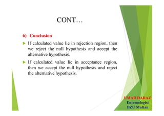 UMAR DARAZ
Entomologist
BZU Multan
CONT…
6) Conclusion
 If calculated value lie in rejection region, then
we reject the null hypothesis and accept the
alternative hypothesis.
 If calculated value lie in acceptance region,
then we accept the null hypothesis and reject
the alternative hypothesis.
 