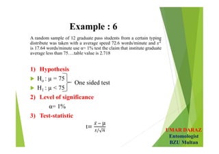 UMAR DARAZ
Entomologist
BZU Multan
Example : 6
A random sample of 12 graduate pass students from a certain typing
distribute was taken with a average speed 72.6 words/minute and
is 17.64 words/minute use α= 1% test the claim that institute graduate
average less than 75….table value is 2.718
1) Hypothesis
 Ho : µ = 75
 H1 : µ < 75
2) Level of significance
α= 1%
3) Test-statistic
t
µ
 
One sided test
 