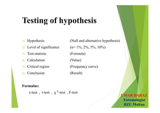 UMAR DARAZ
Entomologist
BZU Multan
Testing of hypothesis
1) Hypothesis (Null and alternative hypothesis)
2) Level of significance (α= 1%, 2%, 5%, 10%)
3) Test-statistic (Formula)
4) Calculation (Value)
5) Critical region (Frequency curve)
6) Conclusion (Result)
Formulas:
z-test , t-test , χ -test , F-test
 