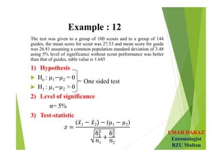 UMAR DARAZ
Entomologist
BZU Multan
Example : 12
The test was given to a group of 100 scouts and to a group of 144
guides, the mean score for scout was 27.53 and mean score for guide
was 26.81 assuming a common population standard deviation of 3.48
using 5% level of significance without scout performance was better
than that of guides, table value is 1.645
1) Hypothesis
 Ho : µ1 µ2 = 0
 H1 : µ1 µ2 > 0
2) Level of significance
α= 5%
3) Test-statistic
( 1 2 (µ1 µ2)
1 2
 
One sided test
 