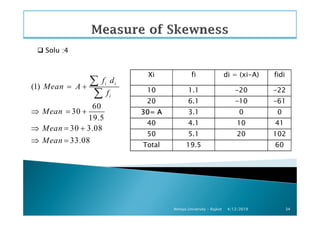 Solu :4
(1)
60
30
i i
i
f d
Mean A
f
Mean
= +
⇒ = +
∑
∑
Xi fi di = (xi-A) fidi
10 1.1 -20 -22
20 6.1 -10 -61
30= A30= A30= A30= A 3.1 0 0
4/12/2019Atmiya University - Rajkot 34
30
19.5
30 3.08
33.08
Mean
Mean
Mean
⇒ = +
⇒ = +
⇒ =
30= A30= A30= A30= A 3.1 0 0
40 4.1 10 41
50 5.1 20 102
Total 19.5 60
 