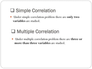  Simple Correlation
 Under simple correlation problem there are only two
variables are studied.
 Multiple Correlation
 Under multiple correlation problem there are three or
more than three variables are studied.
 