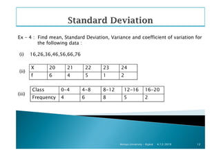 Ex – 4 : Find mean, Standard Deviation, Variance and coefficient of variation for
the following data :
(i) 16,26,36,46,56,66,76
(ii)
X 20 21 22 23 24
f 6 4 5 1 2
4/12/2019Atmiya University - Rajkot 12
(iii)
Class 0-4 4-8 8-12 12-16 16-20
Frequency 4 6 8 5 2
 