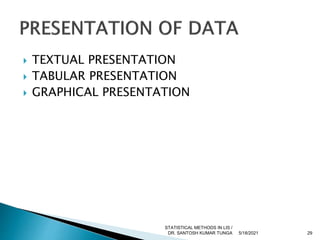  TEXTUAL PRESENTATION
 TABULAR PRESENTATION
 GRAPHICAL PRESENTATION
5/18/2021 29
STATISTICAL METHODS IN LIS /
DR. SANTOSH KUMAR TUNGA
 