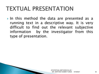  In this method the data are presented as a
running text in a descriptive way. It is very
difficult to find out the relevant subjective
information by the investigator from this
type of presentation.
5/18/2021 30
STATISTICAL METHODS IN LIS /
DR. SANTOSH KUMAR TUNGA
 