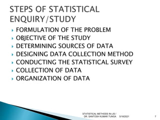  FORMULATION OF THE PROBLEM
 OBJECTIVE OF THE STUDY
 DETERMINING SOURCES OF DATA
 DESIGNING DATA COLLECTION METHOD
 CONDUCTING THE STATISTICAL SURVEY
 COLLECTION OF DATA
 ORGANIZATION OF DATA
5/18/2021 7
STATISTICAL METHODS IN LIS /
DR. SANTOSH KUMAR TUNGA
 
