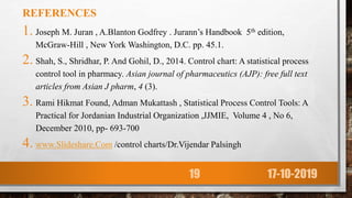 REFERENCES
1. Joseph M. Juran , A.Blanton Godfrey . Jurann’s Handbook 5th edition,
McGraw-Hill , New York Washington, D.C. pp. 45.1.
2. Shah, S., Shridhar, P. And Gohil, D., 2014. Control chart: A statistical process
control tool in pharmacy. Asian journal of pharmaceutics (AJP): free full text
articles from Asian J pharm, 4 (3).
3. Rami Hikmat Found, Adman Mukattash , Statistical Process Control Tools: A
Practical for Jordanian Industrial Organization ,JJMIE, Volume 4 , No 6,
December 2010, pp- 693-700
4. www.Slideshare.Com /control charts/Dr.Vijendar Palsingh
17-10-201919
 
