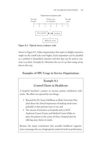 SPC in Service Industries 109
shown in Figure 8.1. Other organizations that aspire to delight customers
might set the cutoff scale score higher. Each respondent can be classified
as a satisfied or dissatisfied customer and that data can be used to con-
struct a p-chart. Example 8.1 illustrates the use of a p-chart using survey
data in this way.
Examples of SPC Usage in Service Organizations
Figure 8.1 Typical survey response scale
Typical survey response scale
Strongly
agree
1 2 3 4 5 6 7
Strongly
disagree
Neither agre
nor disagreee
Satisfied
Not satisfied
Midscale cutoff
Example 8.1
Control Charts in Healthcare
A hospital launched a project to increase patient satisfaction with
meals. The effort was spurred by two things:
• Research by Dr. Susan Schiffman at Duke University Hos-
pital about the clinical importance of making meals more
palatable so that patients want to eat, and
• The success of initiatives at hospitals such as M.D.
Anderson Cancer Center and Medical Center Dallas to
place the patient in the center of what a hospital does by
offering more choice in meals.
Because the major commission that accredits healthcare organiza-
tions encourages the use of appropriate statistical tools in performance­
 