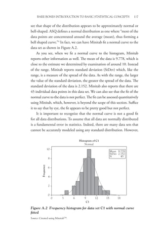 Bare Bones Introduction to Basic Statistical Concepts 117
see that shape of the distribution appears to be approximately normal or
bell-shaped. ASQ defines a normal distribution as one where “most of the
data points are concentrated around the average (mean), thus forming a
bell shaped curve.”4
In fact, we can have Minitab fit a normal curve to the
data set as shown in Figure A.2.
As you see, when we fit a normal curve to the histogram, Minitab
reports other information as well. The mean of the data is 9.778, which is
close to the estimate we determined by examination of around 10. Instead
of the range, Minitab reports standard deviation (StDev) which, like the
range, is a measure of the spread of the data. As with the range, the larger
the value of the standard deviation, the greater the spread of the data. The
standard deviation of the data is 2.152. Minitab also reports that there are
45 individual data points in this data set. We can also see that the fit of the
normal curve to the data is not perfect. The fit can be assessed quantitatively
using Minitab, which, however, is beyond the scope of this section. Suffice
it to say that by eye, the fit appears to be pretty good but not perfect.
It is important to recognize that the normal curve is not a good fit
for all data distributions. To assume that all data are normally distributed
is a fundamental error in statistics. Indeed, there are many data sets that
cannot be accurately modeled using any standard distribution. However,
18
15
12
9
6
3
0
10
8
6
4
2
0
C1
Frequency
Mean 9.778
StDev 2.152
N 45
Histogram of C1
Normal
Figure A.2 Frequency histogram for data set C1 with normal curve
fitted
Source: Created using MinitabTM
.
 