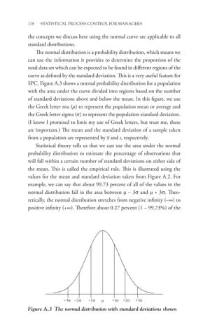 118 STATISTICAL PROCESS CONTROL FOR MANAGERS
the concepts we discuss here using the normal curve are applicable to all
standard distributions.
The normal distribution is a probability distribution, which means we
can use the information it provides to determine the proportion of the
total data set which can be expected to be found in different regions of the
curve as defined by the standard deviation. This is a very useful feature for
SPC. Figure A.3 shows a normal probability distribution for a population
with the area under the curve divided into regions based on the number
of standard deviations above and below the mean. In this figure, we use
the Greek letter mu (m) to represent the population mean or average and
the Greek letter sigma (s) to represent the population standard deviation.
(I know I promised to limit my use of Greek letters, but trust me, these
are important.) The mean and the standard deviation of a sample taken
from a population are represented by x and s, respectively.
Statistical theory tells us that we can use the area under the normal
probability distribution to estimate the percentage of observations that
will fall within a certain number of standard deviations on either side of
the mean. This is called the empirical rule. This is illustrated using the
values for the mean and standard deviation taken from Figure A.2. For
example, we can say that about 99.73 percent of all of the values in the
normal distribution fall in the area between µ – 3σ and µ + 3σ. Theo-
retically, the normal distribution stretches from negative infinity (–∞) to
positive infinity (+∞). Therefore about 0.27 percent (1 – 99.73%) of the
Figure A.3 The normal distribution with standard deviations shown
−1σ
−2σ
−3σ µ +1σ +2σ +3σ
 