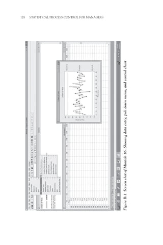 128 STATISTICAL PROCESS CONTROL FOR MANAGERS
Figure
B.1
Screen
shot
of
Minitab
16.
Showing
data
entry,
pull
down
menu,
and
control
chart
 