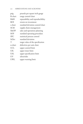 xvi Abbreviations and Acronyms
psig pounds per square inch gauge
R-chart range control chart
RR repeatability and reproducibility
ROI return on investment
s-chart standard deviation control chart
SCM supply chain management
SOP sales and operations planning
SOP standard operating procedure
SPC statistical process control
StDev standard deviation
T target value of the specification
u-chart defectives per unit chart
UCL upper control limit
UIL upper inner limit
USL upper specification limit
UV ultraviolet
UWL upper warning limit
 