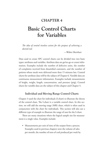 CHAPTER 4
Basic Control Charts
for Variables
The idea of control involves action for the purpose of achieving a
desired end.
—Walter Shewhart
Data used to create SPC control charts can be divided into two basic
types: attributes and variables. Attribute data are go/no-go or count infor-
mation. Examples include the number of defective units, the number
of complaints received from dissatisfied customers, and the number of
patients whose meals were delivered more than 15 minutes late. Control
charts for attribute data will be the subject of Chapter 6. Variable data are
continuous measurement information. Examples include measurements
of height, weight, length, concentration, and pressure (psig). Control
charts for variable data are the subject of this chapter and Chapter 5.
Individual and Moving Range Control Charts
Chapter 3 used the chart for individuals (I-chart) to illustrate the theory
of the control chart. The I-chart is a variable control chart. In this sec-
tion, we will add the moving range (MR) chart, which is often used in
conjunction with the chart for individuals. This section will also use a
different type of example to illustrate the range of uses for the I-chart.
There are many situations where the logical sample size for measure-
ment is a single value. Examples include:
• Measurements per unit of time of the output from a process.
Examples used in previous chapters were the volume of sales
per month, the number of tons of coal produced per week by
 