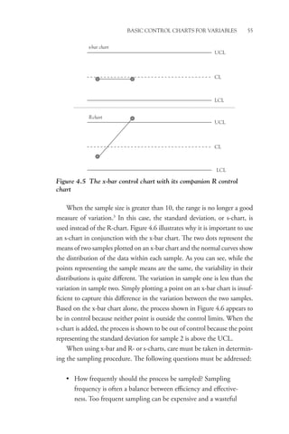 Basic Control Charts for Variables 55
x-bar chart
R-chart
LCL
UCL
CL
UCL
CL
LCL
Figure 4.5 The x-bar control chart with its companion R control
chart
When the sample size is greater than 10, the range is no longer a good
measure of variation.3
In this case, the standard deviation, or s-chart, is
used instead of the R-chart. Figure 4.6 illustrates why it is important to use
an s-chart in conjunction with the x-bar chart. The two dots represent the
means of two samples plotted on an x-bar chart and the normal curves show
the distribution of the data within each sample. As you can see, while the
points representing the sample means are the same, the variability in their
distributions is quite different. The variation in sample one is less than the
variation in sample two. Simply plotting a point on an x-bar chart is insuf-
ficient to capture this difference in the variation between the two samples.
Based on the x-bar chart alone, the process shown in Figure 4.6 appears to
be in control because neither point is outside the control limits. When the
s-chart is added, the process is shown to be out of control because the point
representing the standard deviation for sample 2 is above the UCL.
When using x-bar and R- or s-charts, care must be taken in determin-
ing the sampling procedure. The following questions must be addressed:
• How frequently should the process be sampled? Sampling
frequency is often a balance between efficiency and effective-
ness. Too frequent sampling can be expensive and a wasteful
 