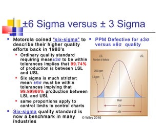© Wiley 2010
±6 Sigma versus ± 3 Sigma
 Motorola coined “six-sigma” to
describe their higher quality
efforts back in 1980’s
 Ordinary quality standard
requiring mean±3σ to be within
tolerances implies that 99.74%
of production is between LSL
and USL
 Six sigma is much stricter:
mean ±6σ must be within
tolerances implying that
99.99966% production between
LSL and USL
 same proportions apply to
control limits in control charts
 Six-sigma quality standard is
now a benchmark in many
industries
 PPM Defective for ±3σ
versus ±6σ quality
 