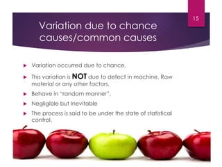 Variation due to chance
causes/common causes
 Variation occurred due to chance.
 This variation is NOT due to defect in machine, Raw
material or any other factors.
 Behave in “random manner”.
 Negligible but Inevitable
 The process is said to be under the state of statistical
control.
15
 