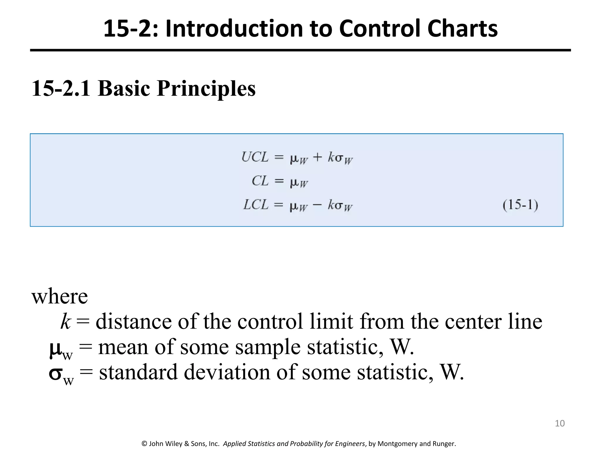 © John Wiley & Sons, Inc. Applied Statistics and Probability for Engineers, by Montgomery and Runger.
15-2.1 Basic Principles
where
k = distance of the control limit from the center line
w = mean of some sample statistic, W.
w = standard deviation of some statistic, W.
15-2: Introduction to Control Charts
10
 