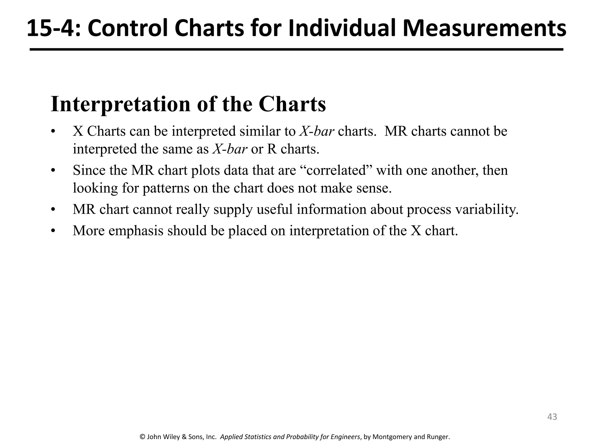 © John Wiley & Sons, Inc. Applied Statistics and Probability for Engineers, by Montgomery and Runger.
15-4: Control Charts for Individual Measurements
Interpretation of the Charts
• X Charts can be interpreted similar to X-bar charts. MR charts cannot be
interpreted the same as X-bar or R charts.
• Since the MR chart plots data that are “correlated” with one another, then
looking for patterns on the chart does not make sense.
• MR chart cannot really supply useful information about process variability.
• More emphasis should be placed on interpretation of the X chart.
43
 