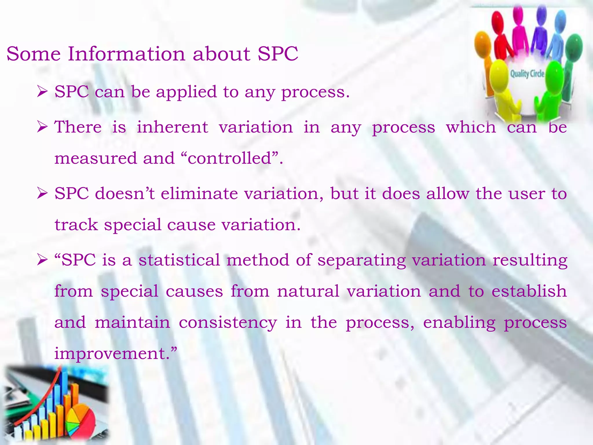 Some Information about SPC
 SPC can be applied to any process.
 There is inherent variation in any process which can be
measured and “controlled”.
 SPC doesn’t eliminate variation, but it does allow the user to
track special cause variation.
 “SPC is a statistical method of separating variation resulting
from special causes from natural variation and to establish
and maintain consistency in the process, enabling process
improvement.”
 