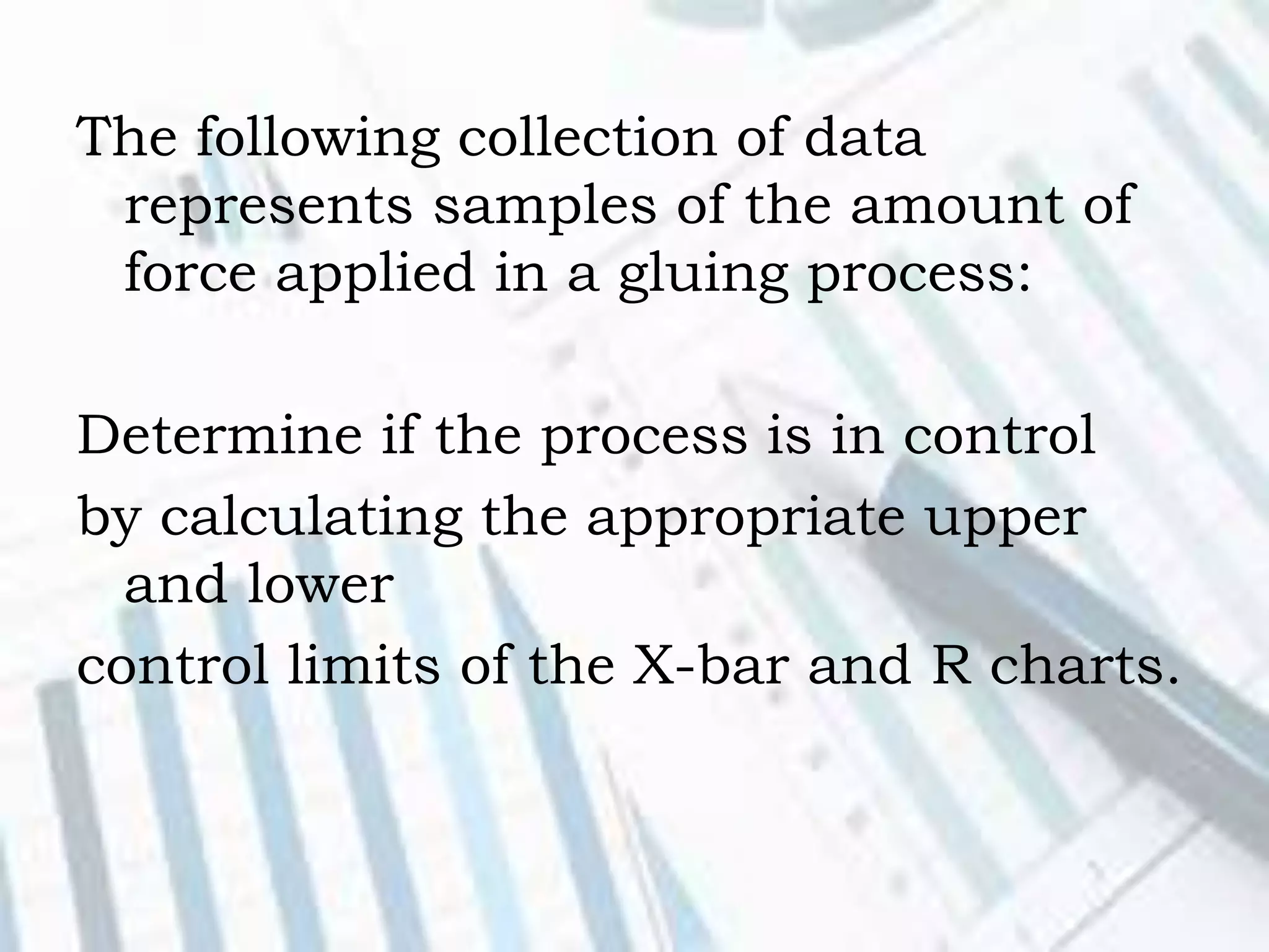 The following collection of data
represents samples of the amount of
force applied in a gluing process:
Determine if the process is in control
by calculating the appropriate upper
and lower
control limits of the X-bar and R charts.
 