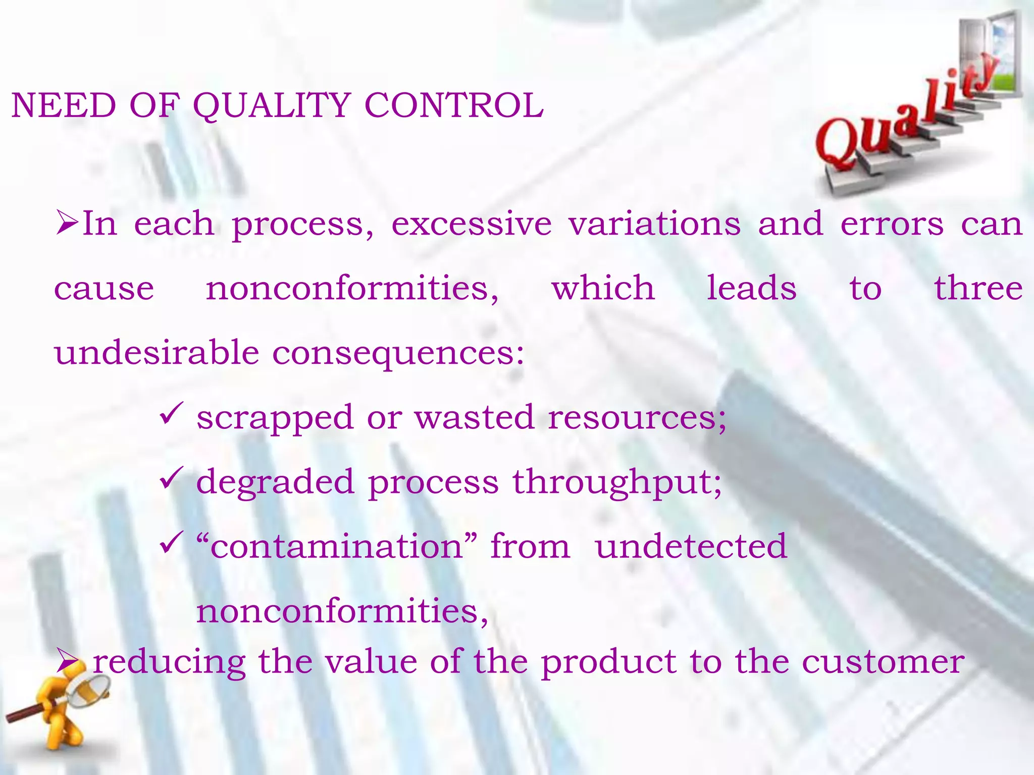 In each process, excessive variations and errors can
cause nonconformities, which leads to three
undesirable consequences:
 scrapped or wasted resources;
 degraded process throughput;
 “contamination” from undetected
nonconformities,
 reducing the value of the product to the customer
NEED OF QUALITY CONTROL
 